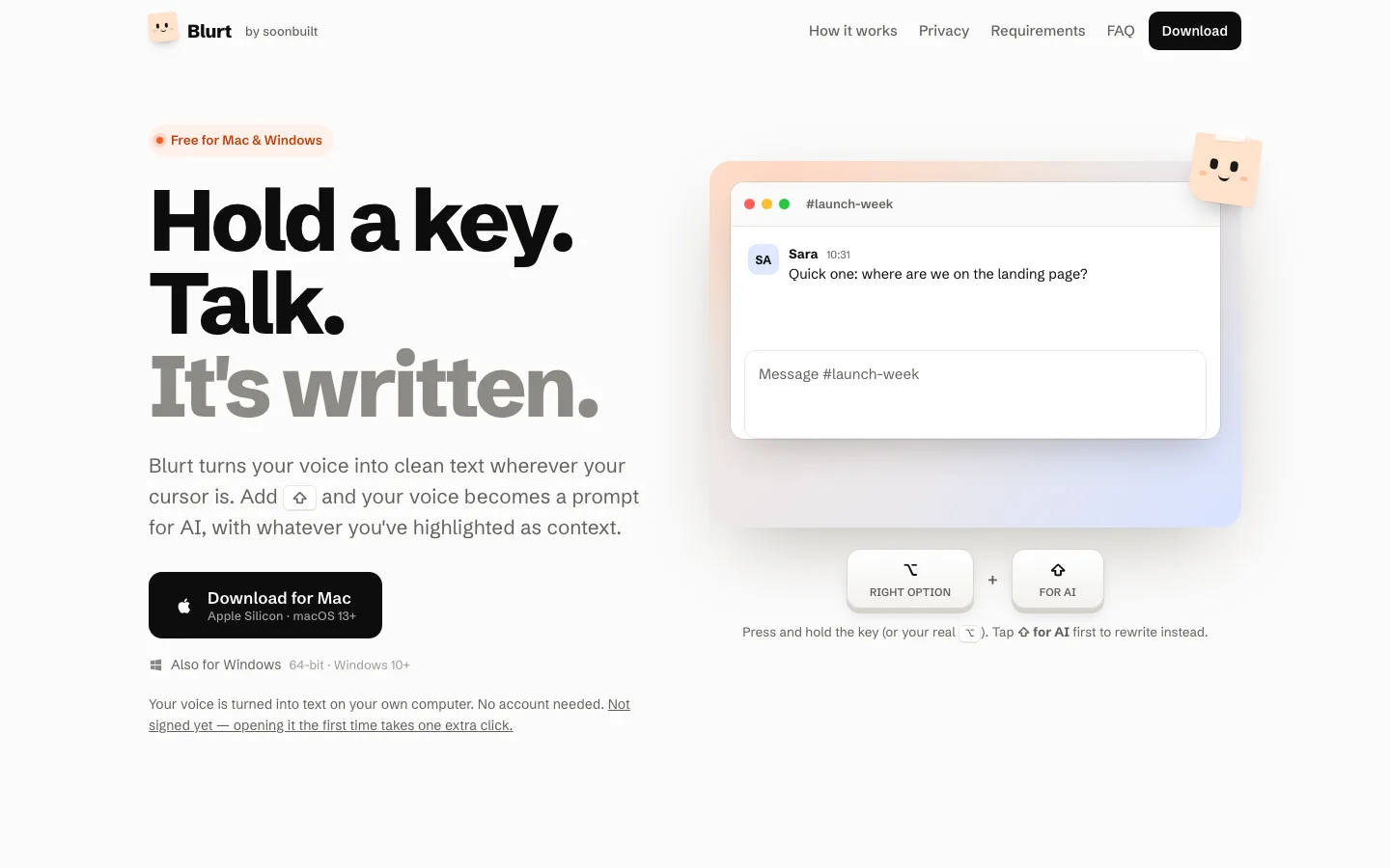 Blurt homepage: "Hold a key. Talk. It’s written." beside a chat reply typed by voice, with the Right Option and Shift keys shown below.
