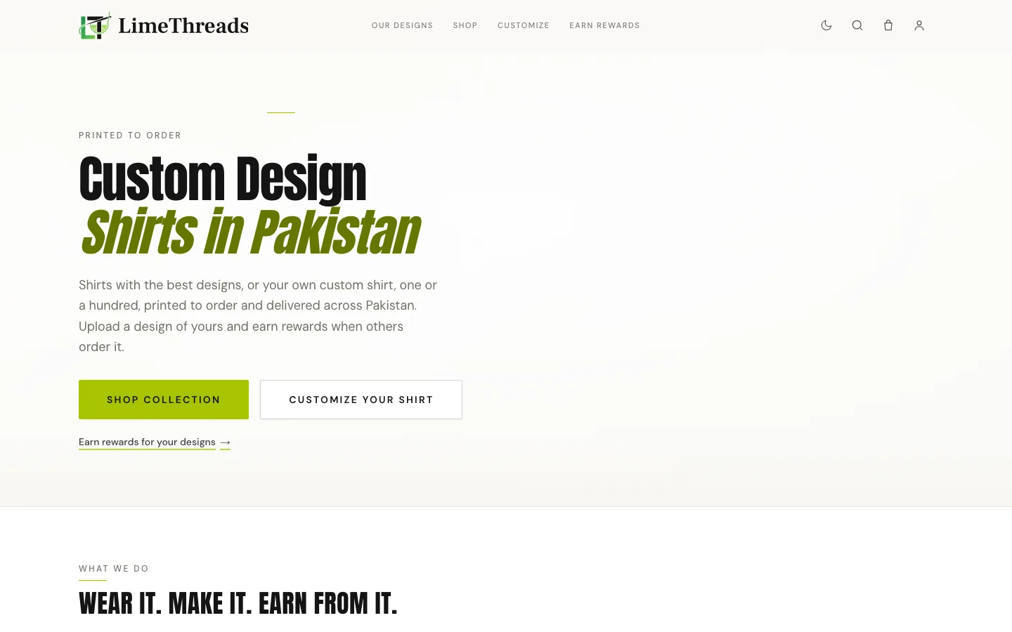 LimeThreads homepage: “Custom Design Shirts in Pakistan”, with buttons to shop the collection or customise your own shirt.