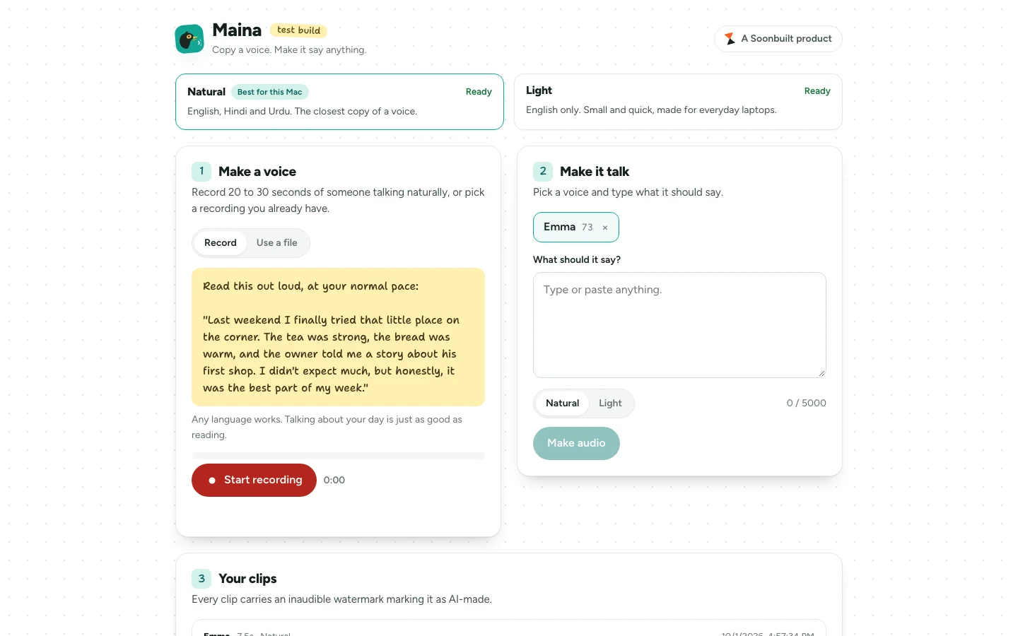 Maina: two voice engines, Natural and Light; step one, record or upload a voice; step two, pick a voice and type what it should say; step three, your clips, each watermarked as AI-made.