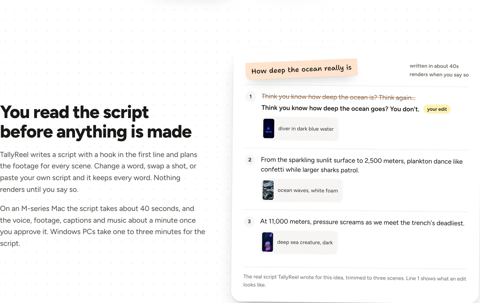 TallyReel script review: the idea "How deep the ocean really is" with three scenes, one line edited by hand, each with the footage it will search for.