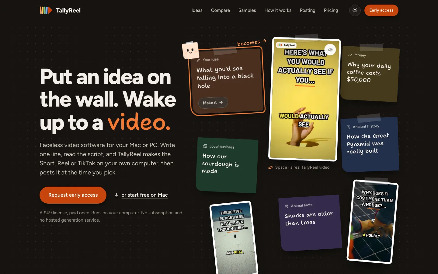 TallyReel homepage: "Put an idea on the wall. Wake up to a video." beside sticky notes with video ideas and the real videos they became.