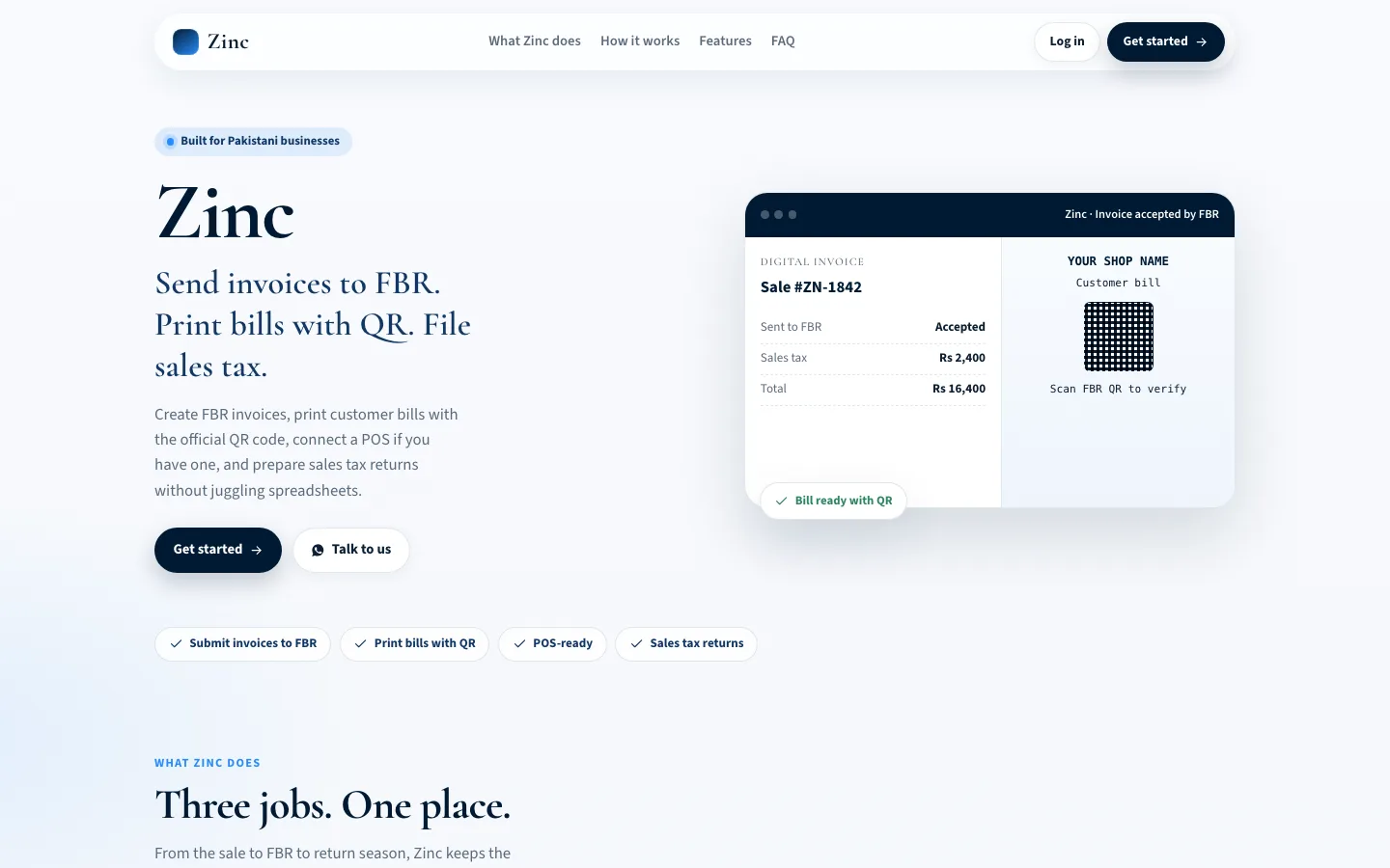 Zinc homepage: "Send invoices to FBR. Print bills with QR. File sales tax." beside an invoice accepted by FBR and a customer bill with its QR code.